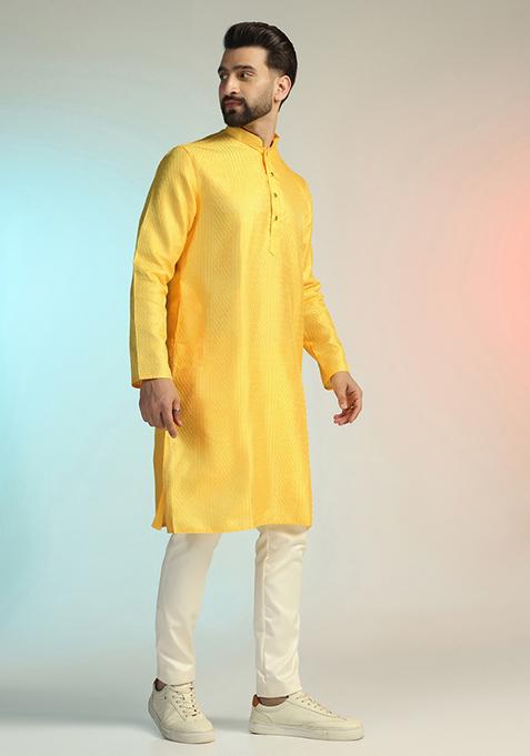 Yellow Embroidered Silk Kurta Set For Men
