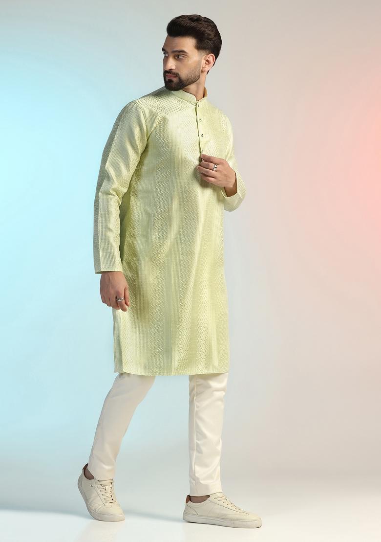 Green Embroidered Silk Kurta Set For Men