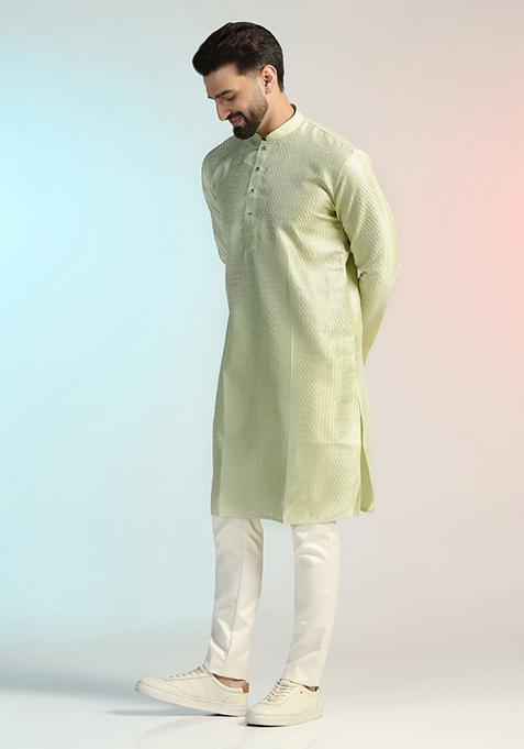 Green Embroidered Silk Kurta Set For Men
