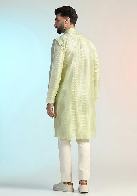 Green Embroidered Silk Kurta Set For Men