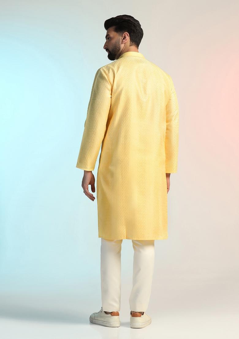 Yellow Embroidered Silk Kurta Set For Men