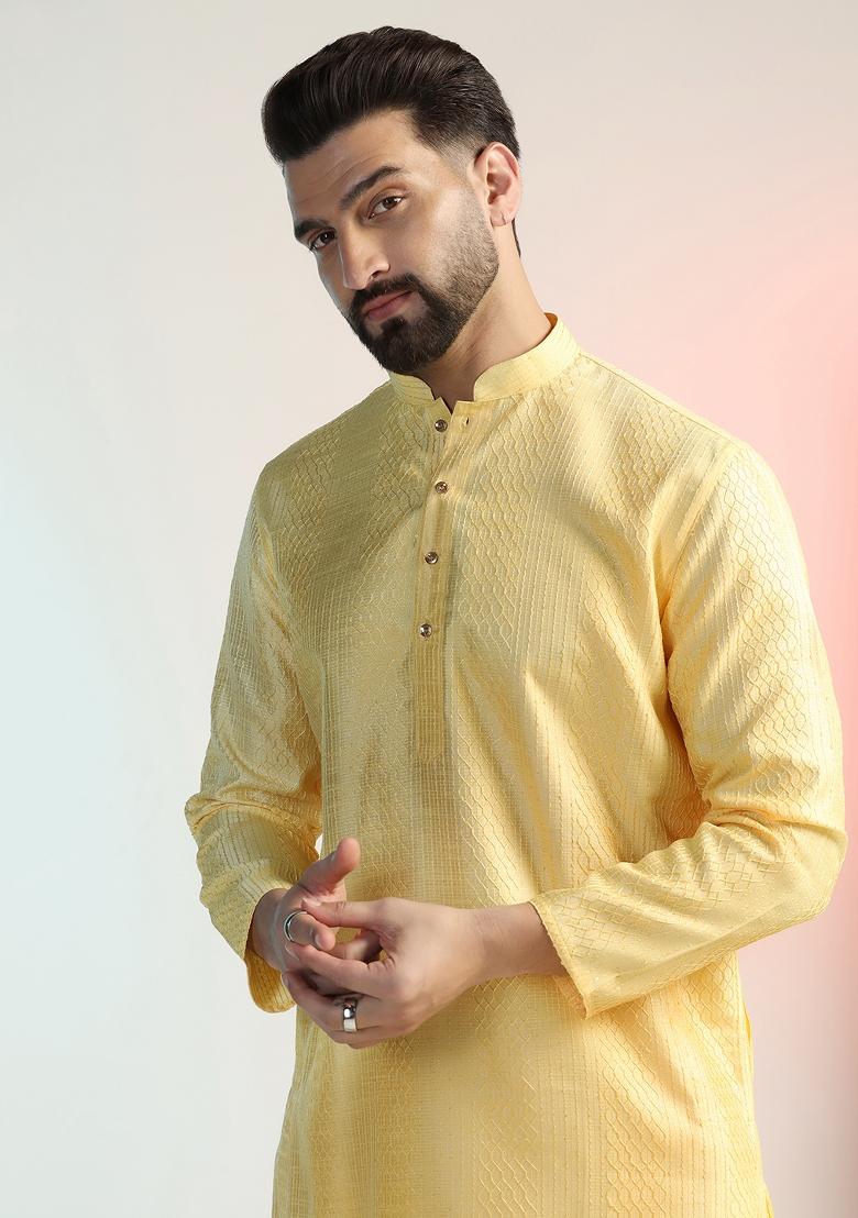 Yellow Embroidered Silk Kurta Set For Men