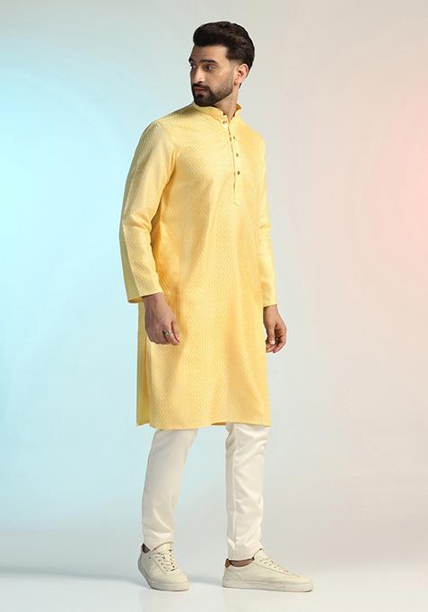Yellow Embroidered Silk Kurta Set For Men