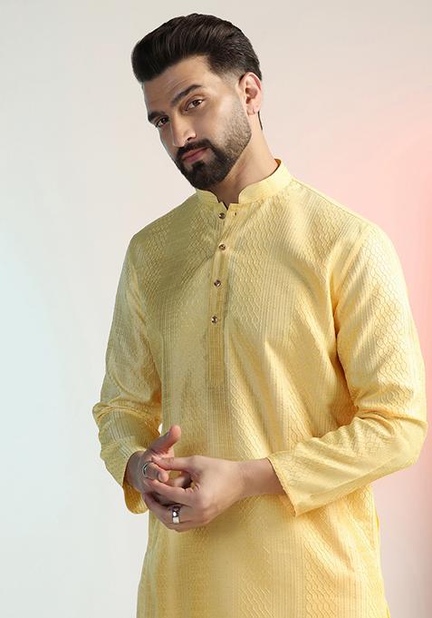 Yellow Embroidered Silk Kurta Set For Men