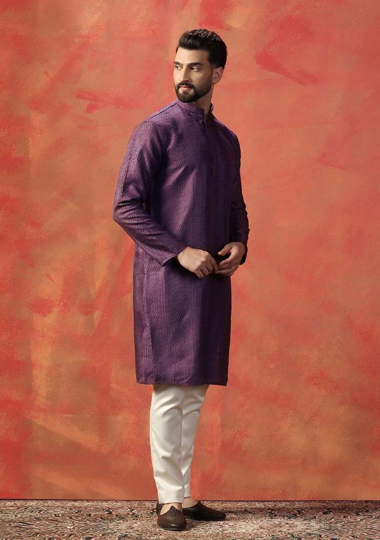 Purple Embroidered Silk Blend Kurta Set For Men - Indya