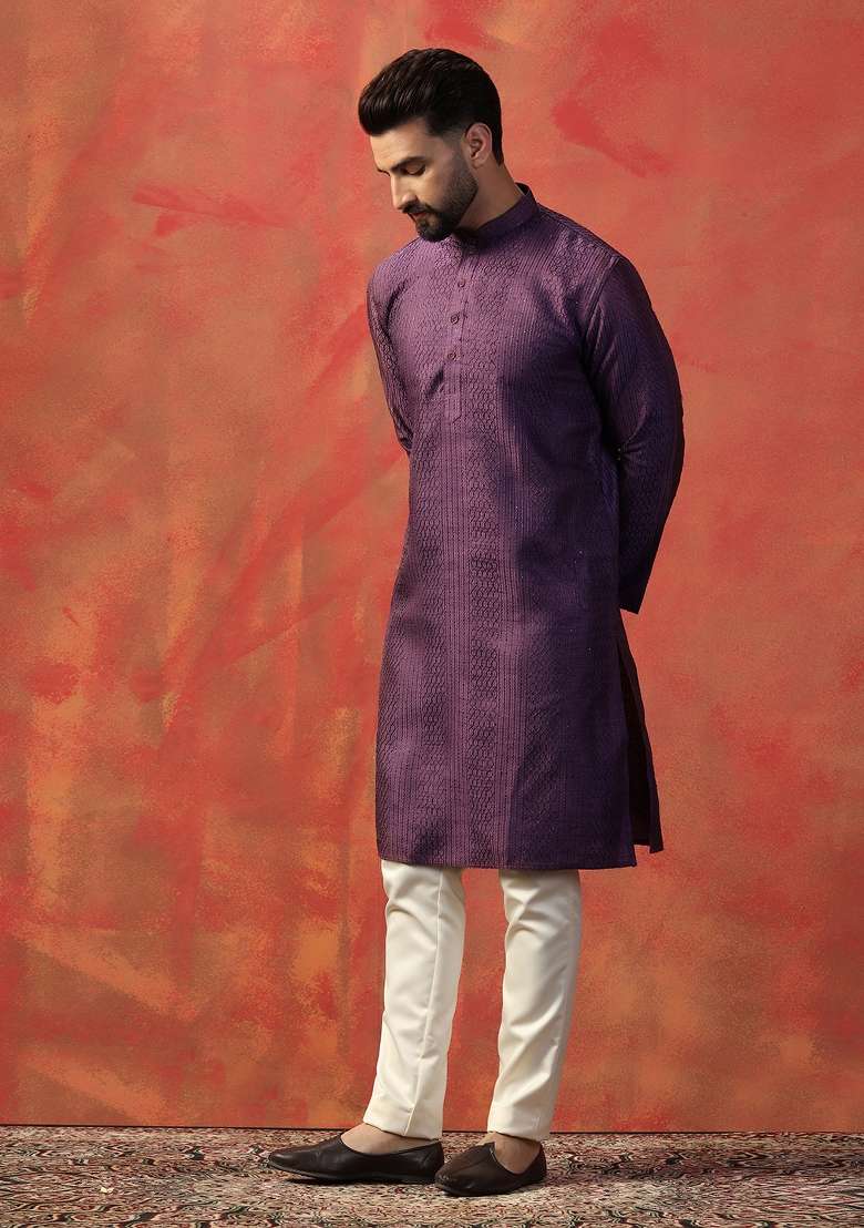 Purple Embroidered Silk Blend Kurta Set For Men - Indya