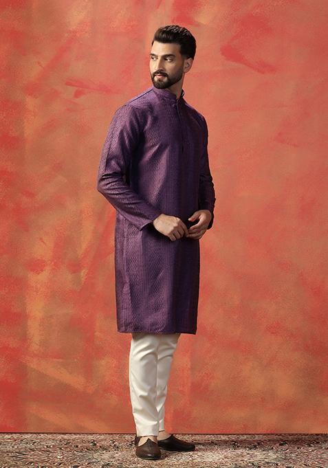 Purple Embroidered Silk Kurta Set For Men