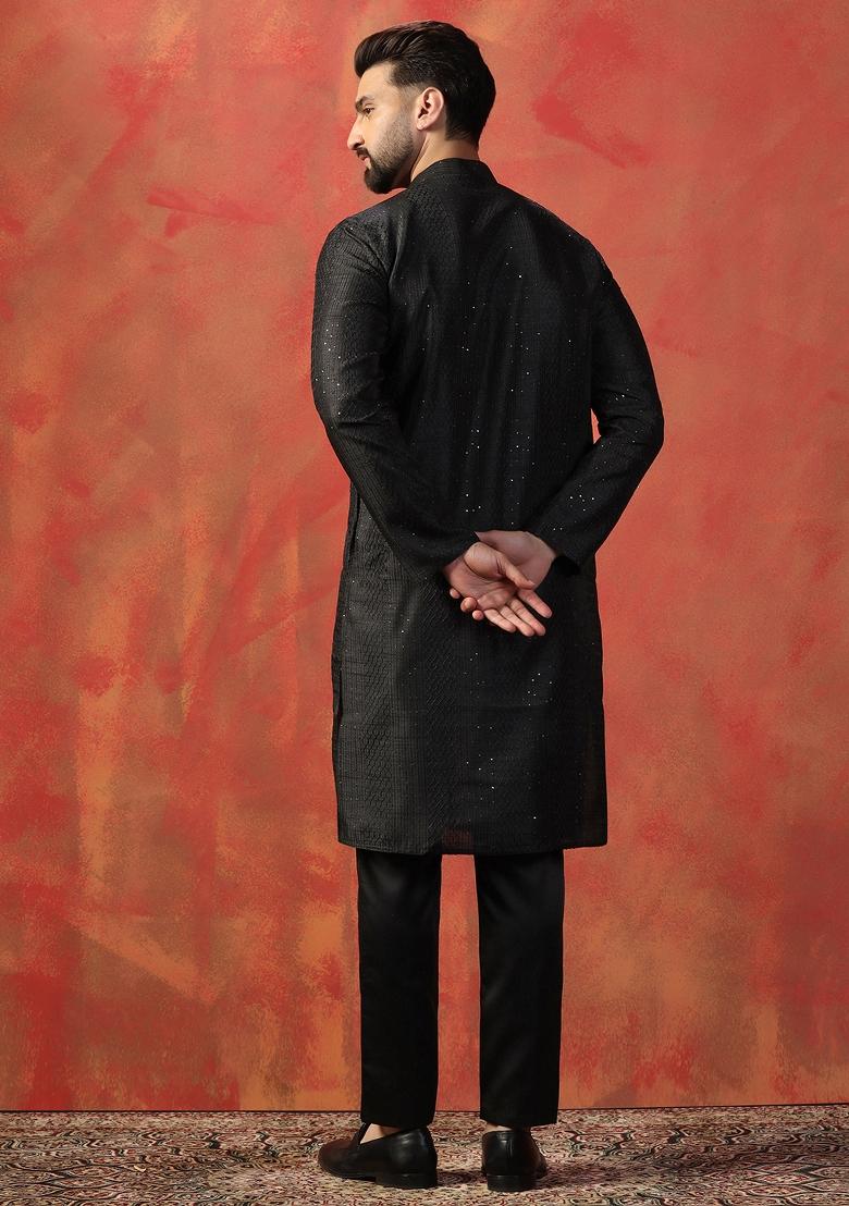 Black Embroidered Silk Kurta Set For Men