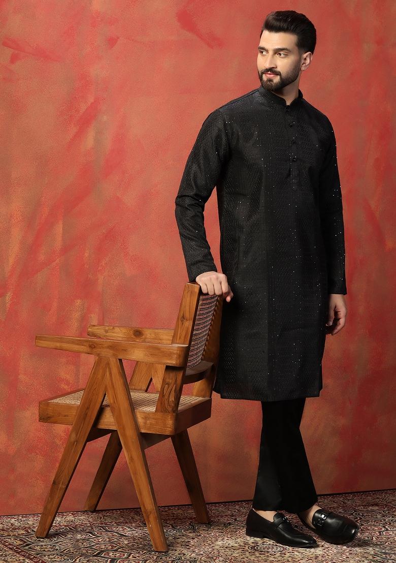 Black Embroidered Silk Kurta Set For Men