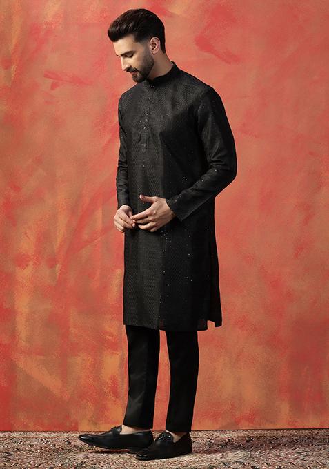 Black Embroidered Silk Kurta Set For Men