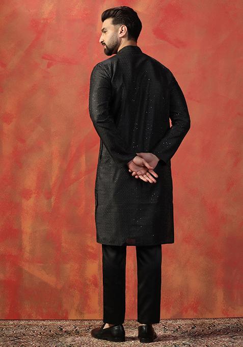 Black Embroidered Silk Kurta Set For Men