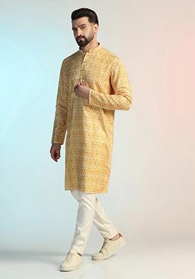 Yellow Embroidered Silk Kurta Set For Men