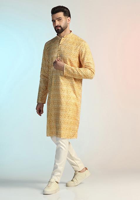 Yellow Embroidered Silk Kurta Set For Men