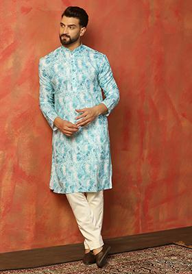 Blue Embroidered Cotton Kurta Set For Men