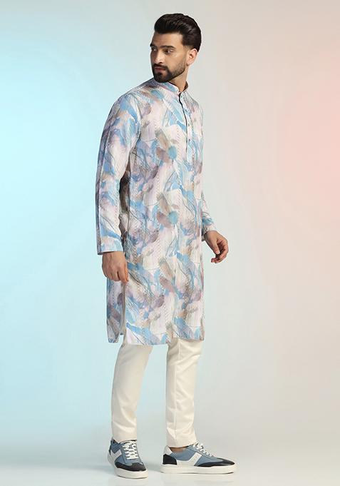 Blue Embroidered Cotton Kurta Set For Men