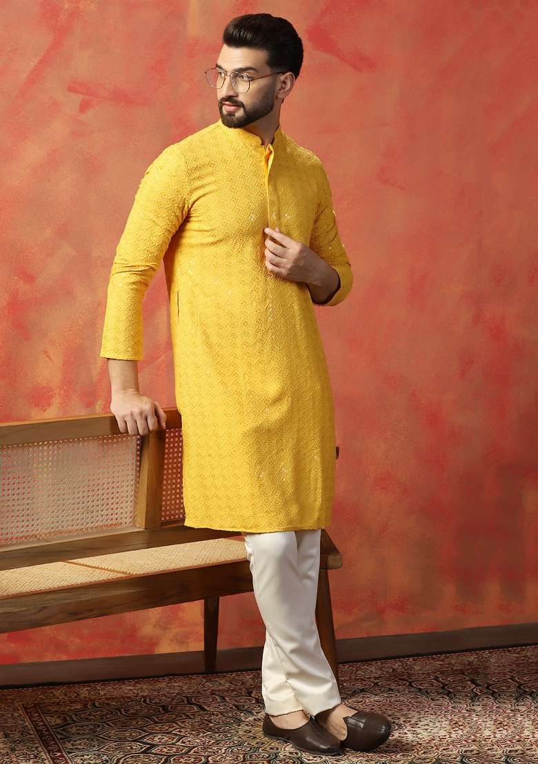 Yellow Embroidered Cotton Kurta Set For Men - Indya