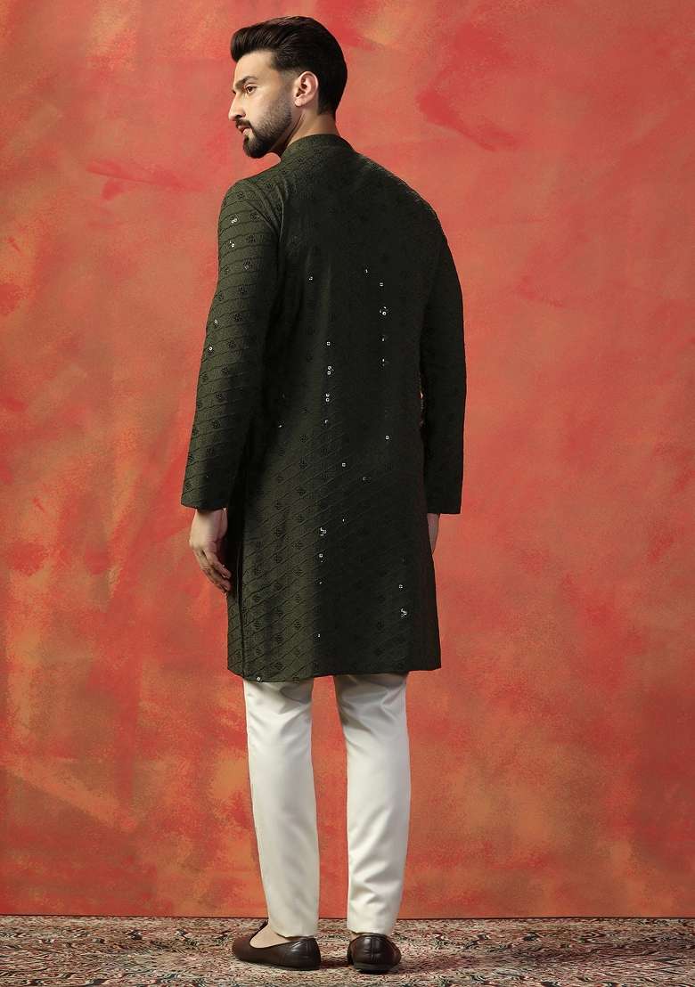 Green Embroidered Cotton Kurta Set For Men - Indya