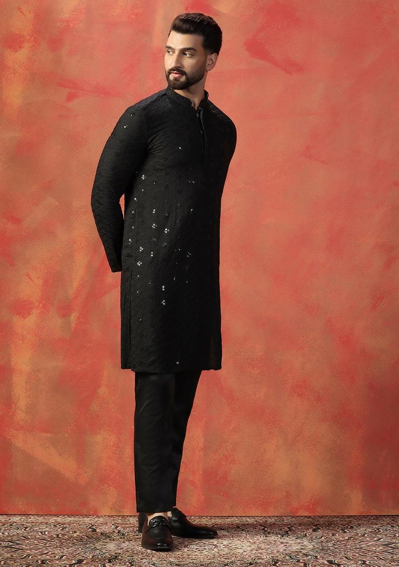 Black Embroidered Cotton Kurta Set For Men