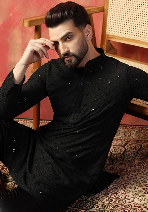 Black Embroidered Cotton Kurta Set For Men