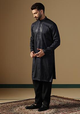 Black Embroidered Cotton Kurta For Men