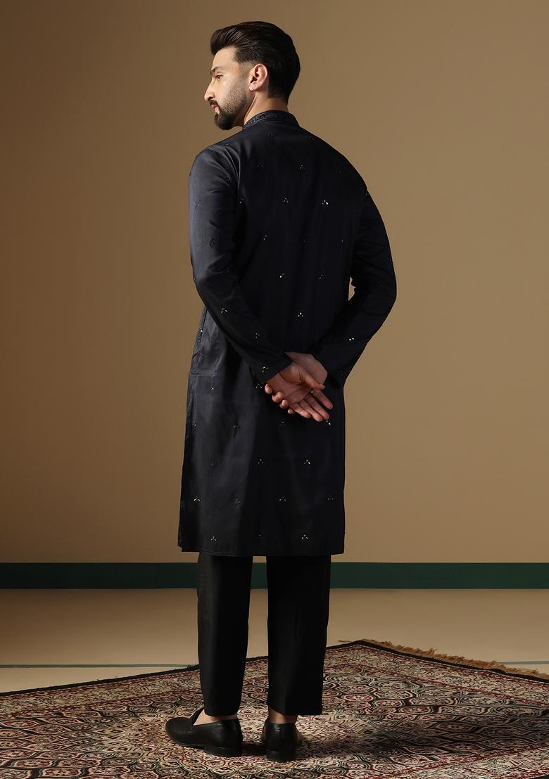 Black Embroidered Cotton Kurta For Men