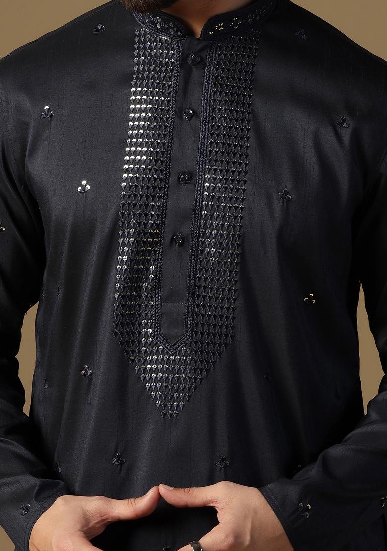 Black Embroidered Cotton Kurta For Men