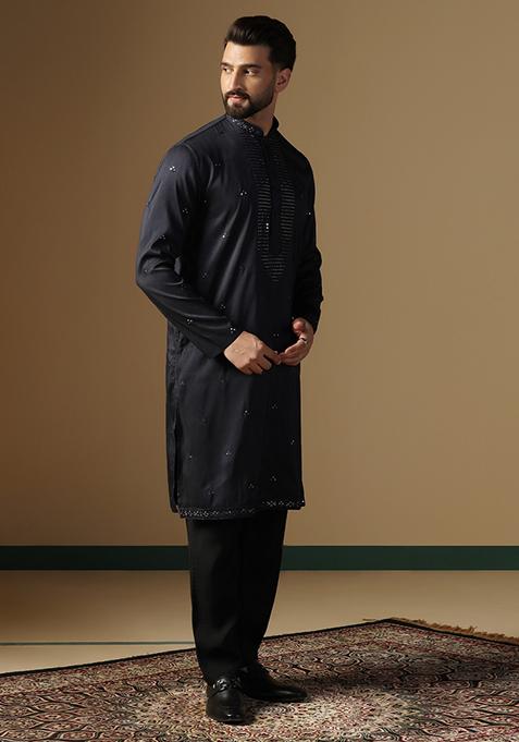 Black Embroidered Cotton Kurta For Men