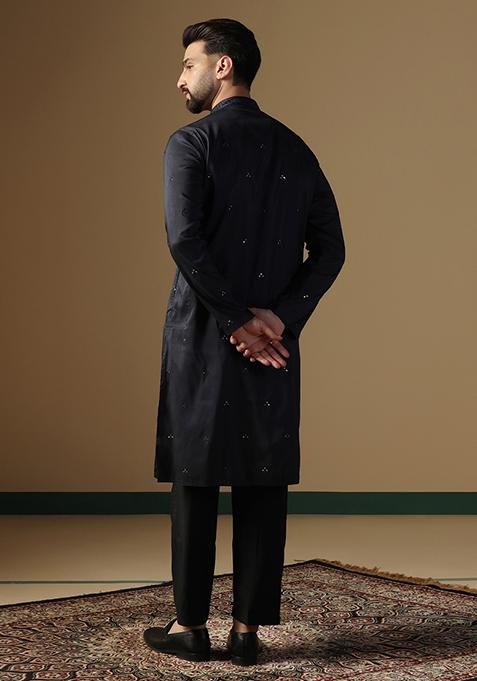 Black Embroidered Cotton Kurta For Men