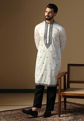 White Embroidered Cotton Kurta For Men