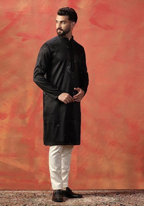 Black Embroidered Cotton Kurta For Men