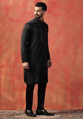 Black Embroidered Cotton Kurta For Men
