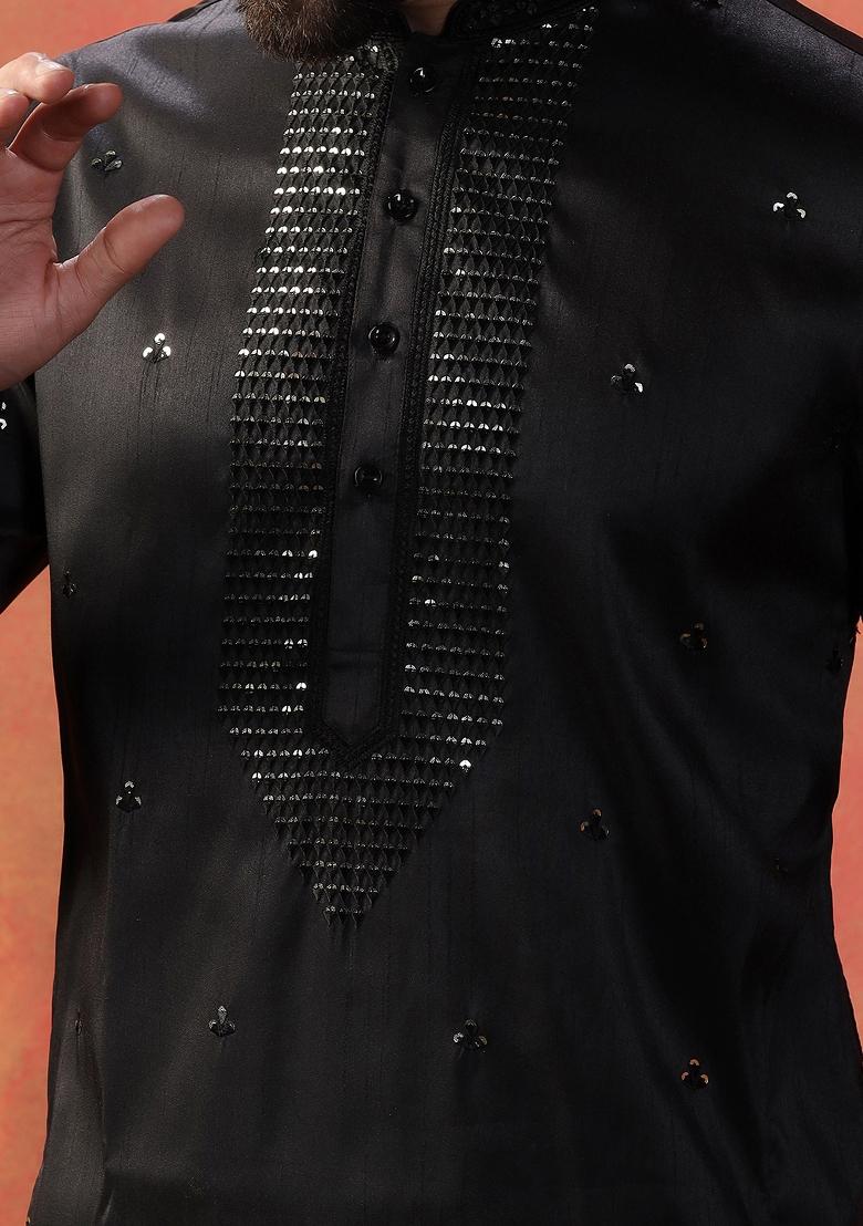Black Embroidered Cotton Kurta For Men