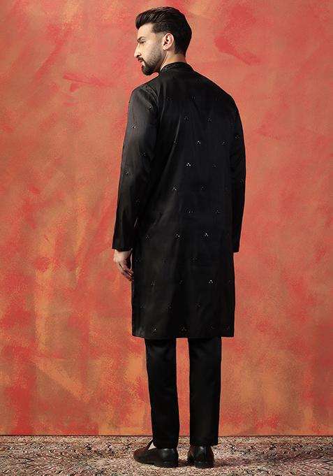 Black Embroidered Cotton Kurta For Men