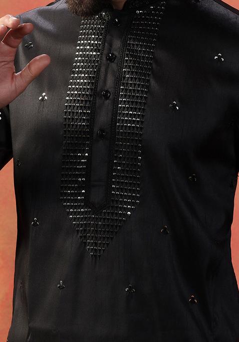 Black Embroidered Cotton Kurta For Men