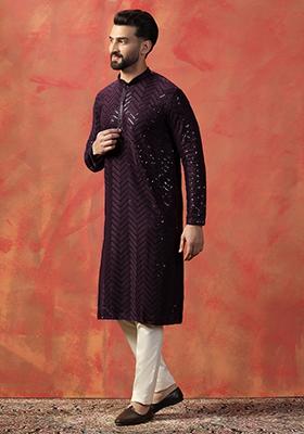 Purple Embroidered Cotton Kurta Set For Men