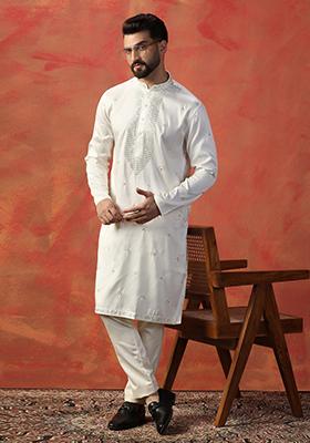 White Embroidered Silk Kurta Set For Men