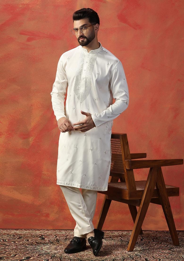 White Embroidered Silk Kurta Set For Men