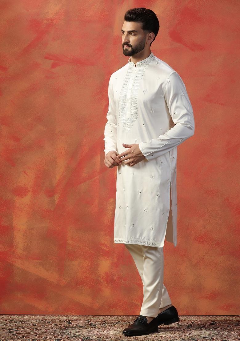 White Embroidered Silk Kurta Set For Men