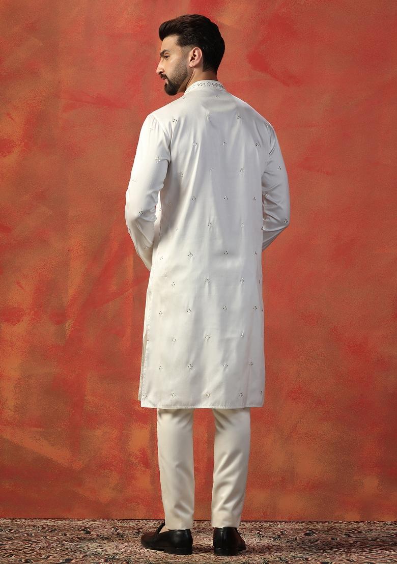 White Embroidered Silk Kurta Set For Men