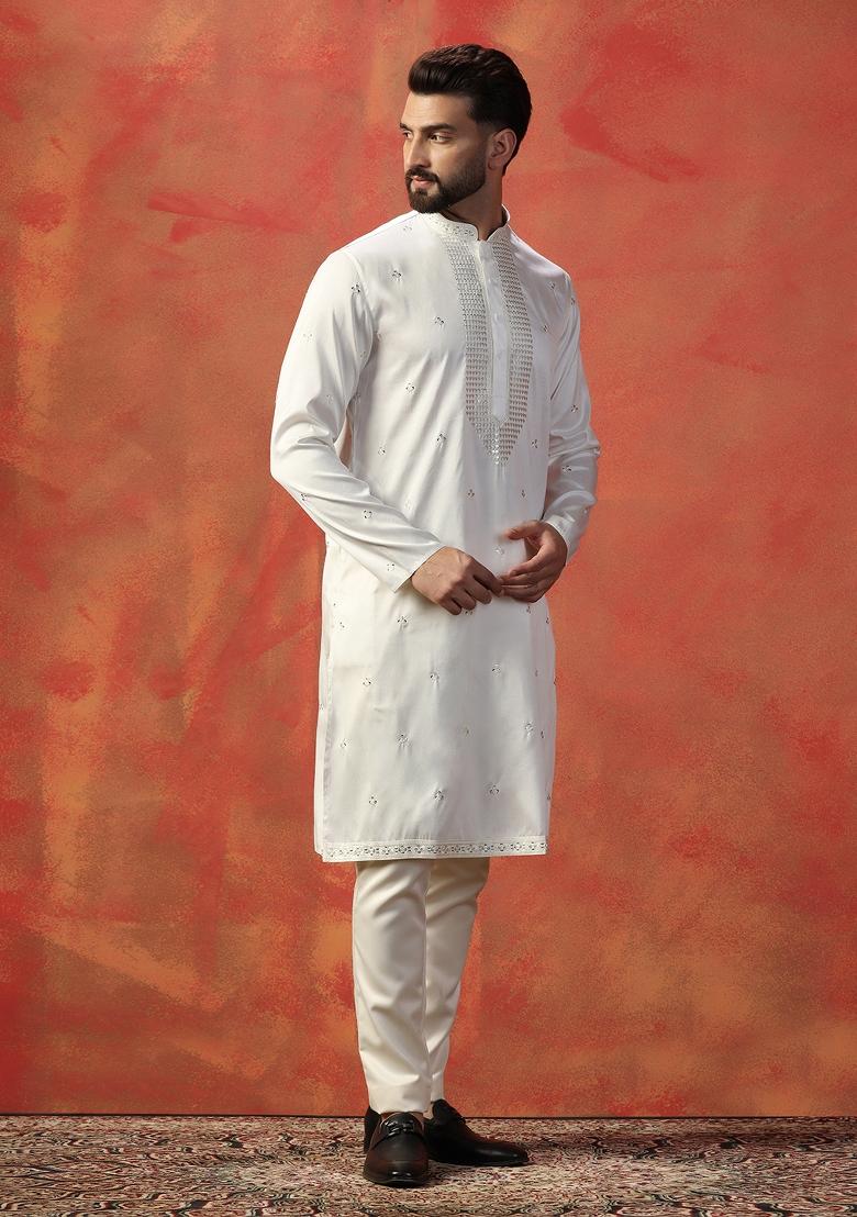 White Embroidered Silk Kurta Set For Men