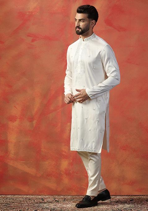 White Embroidered Silk Kurta Set For Men