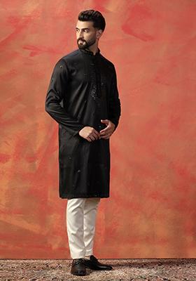 Black Embroidered Cotton Kurta Set For Men