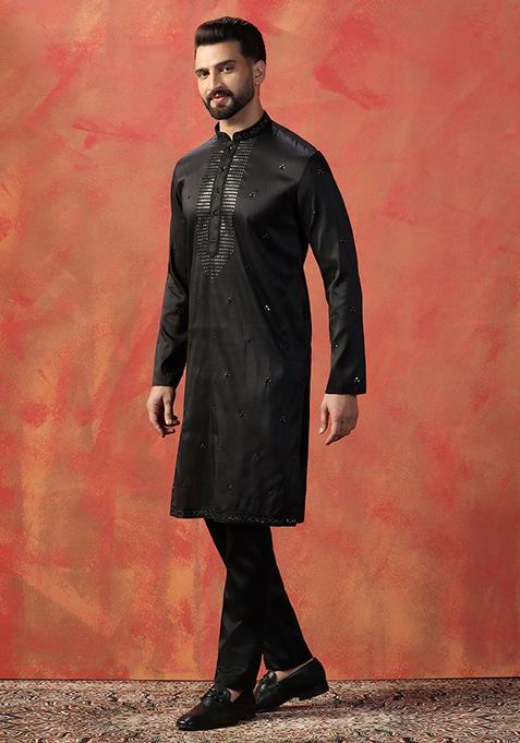 Black Embroidered Cotton Kurta Set For Men