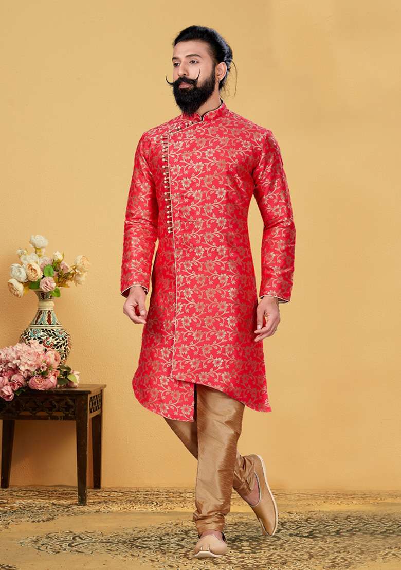 Red Printed Silk Blend Indowestern Sherwani Set For Men - Indya