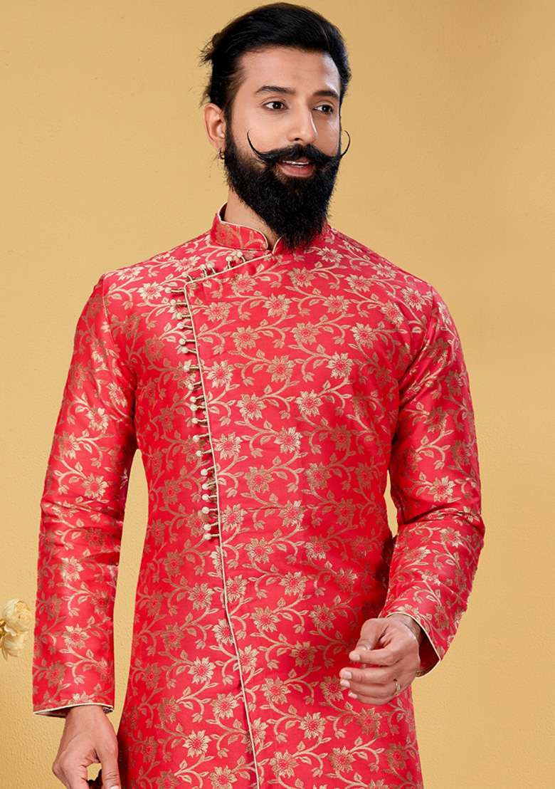 Red Printed Silk Blend Indowestern Sherwani Set For Men - Indya