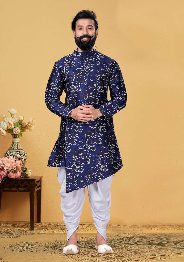 Blue Printed Silk Blend Indowestern Sherwani Set For Men - Indya