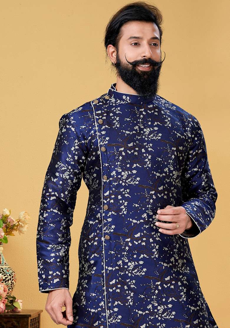 Blue Printed Silk Blend Indowestern Sherwani Set For Men - Indya