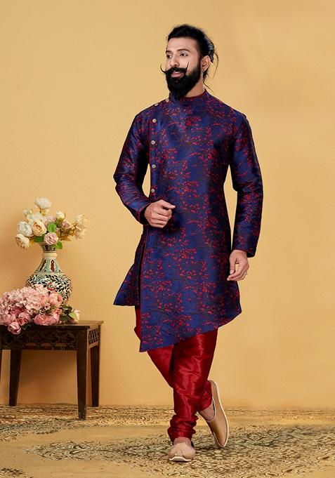Blue Printed Silk Indowestern Sherwani Set For Men
