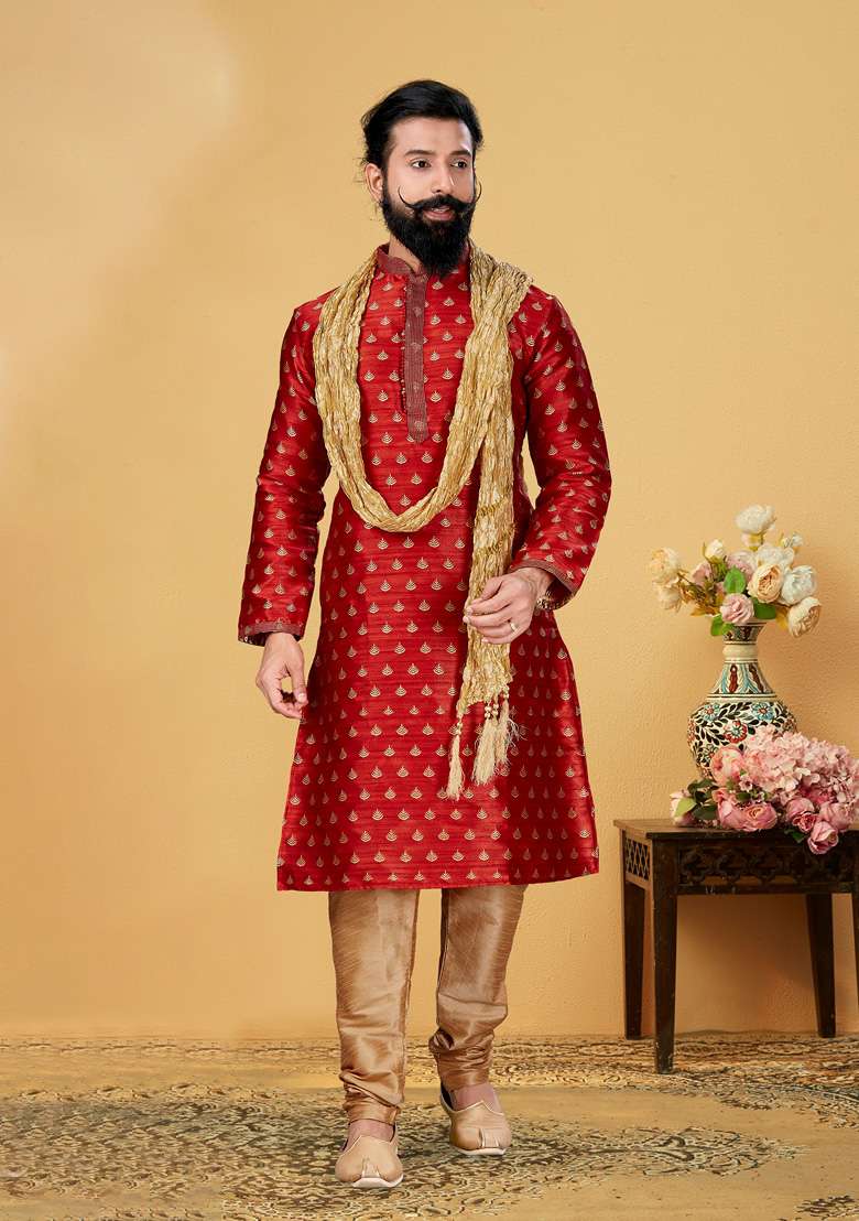 Red Solid Silk Blend Kurta Set For Men - Indya