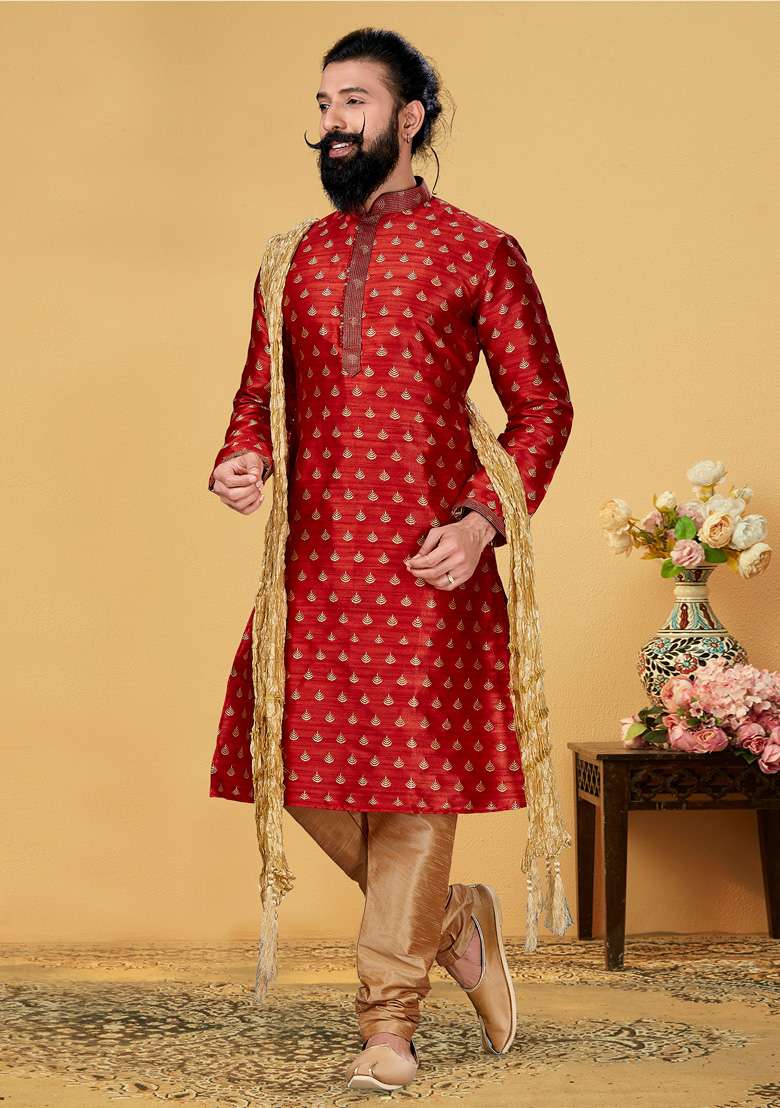 Red Solid Silk Blend Kurta Set For Men - Indya